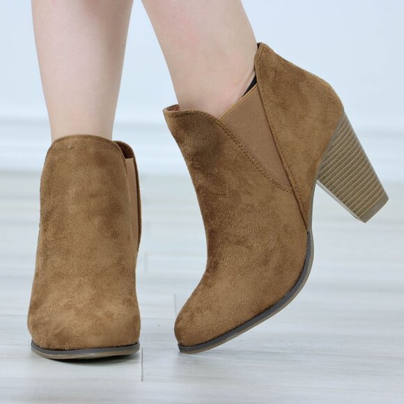 Tan Suede Ankle Boots Chelsea Pointed Toe Cone High Heel Booties - Picture 7 of 10